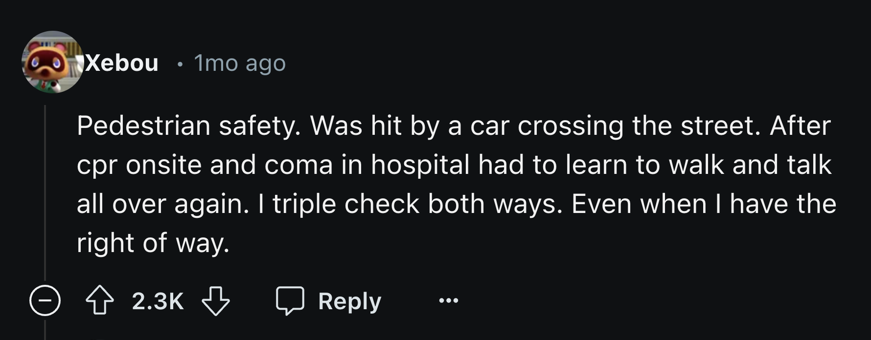 screenshot - Xebou 1mo ago Pedestrian safety. Was hit by a car crossing the street. After cpr onsite and coma in hospital had to learn to walk and talk all over again. I triple check both ways. Even when I have the right of way. >